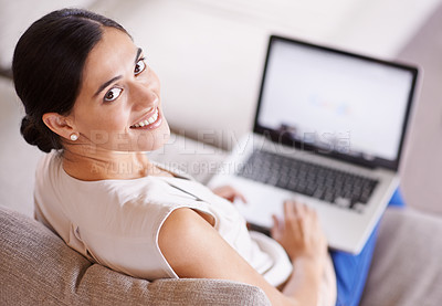 Buy stock photo Woman, laptop and portrait of sofa with smile for social media, online studying or search on web in home. Girl, computer and happiness for internet chat, research or meme on couch in living room