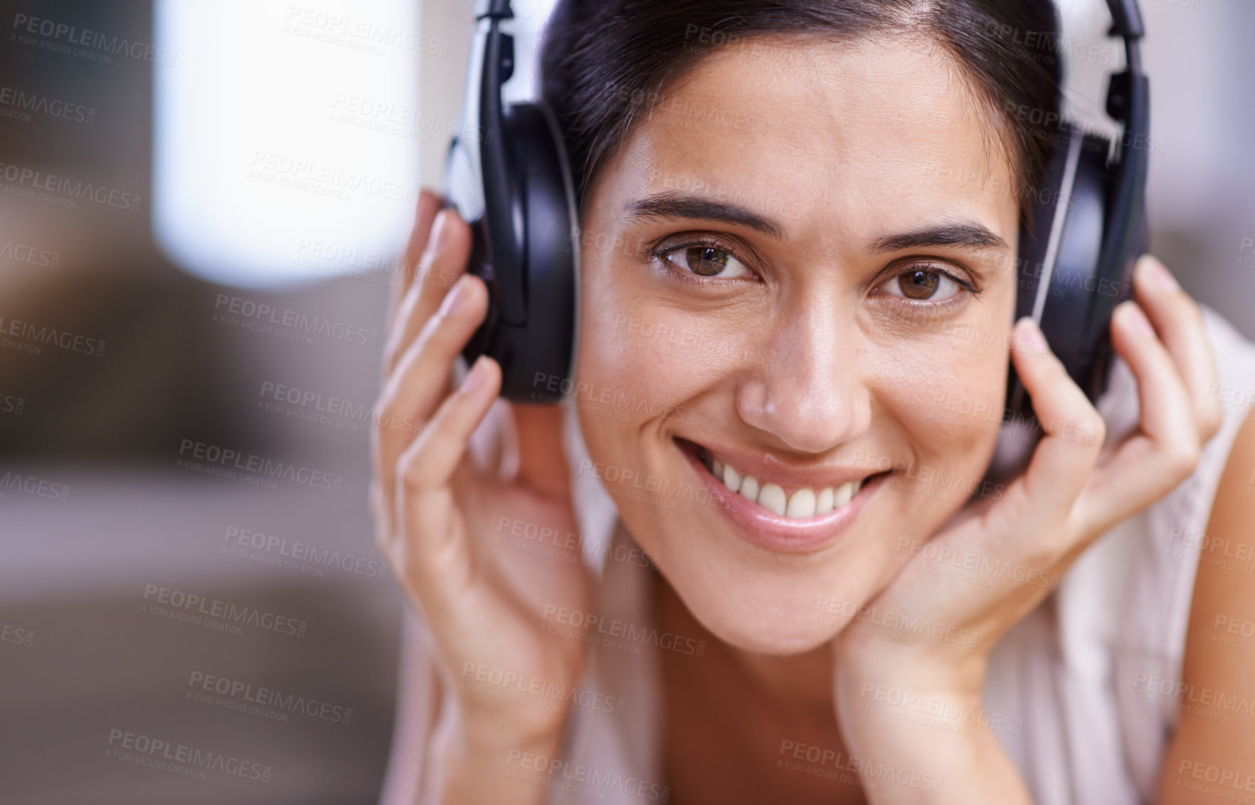 Buy stock photo Happy woman, portrait and headphones listening to music with smile for free time, comfort or relaxing at home. Closeup of female face smiling in living room with headset for audio sound track indoors