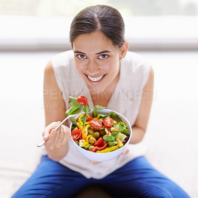 Buy stock photo Happy woman, portrait smile and eating salad for healthy diet, food or nutrition at home. Female with bowl, fork or vegetables smiling for natural health, greens and wellness for dieting in happiness