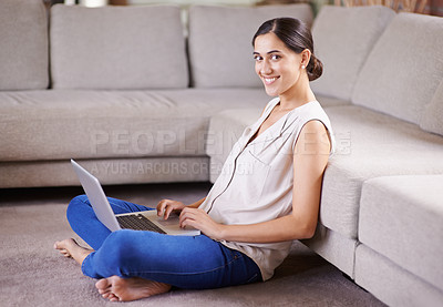 Buy stock photo Laptop, relax and portrait of woman on sofa working on creative freelance project at modern apartment. Technology, smile and female person reading information on internet with computer in living room