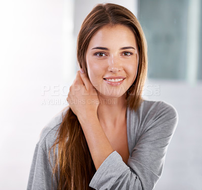 Buy stock photo Woman, portrait and smile with natural beauty or confidence or facial treatment with wellness, health or happiness. Female person, face and skincare cosmetics in home or hygiene, washing or self care