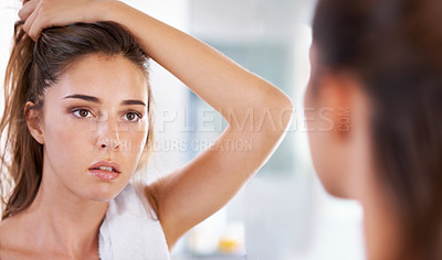 Buy stock photo Woman, mirror and skincare for natural beauty in bathroom for cosmetic facial, treatment or washing. Female person, hand and reflection in home for dermatology glow for heath, self care or wellness