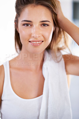 Buy stock photo Portrait, beauty or happy woman in bathroom for skincare, wellness or cosmetics for body. Face, home or smile of confident person with glow, cleaning or hygiene of healthy facial skin for dermatology