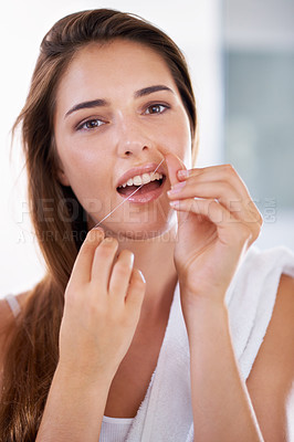 Buy stock photo Health, dental and portrait of woman with floss for grooming, wellness and clean routine for hygiene. Oral care, happy and female person with dentistry tool for teeth or mouth treatment in bathroom.