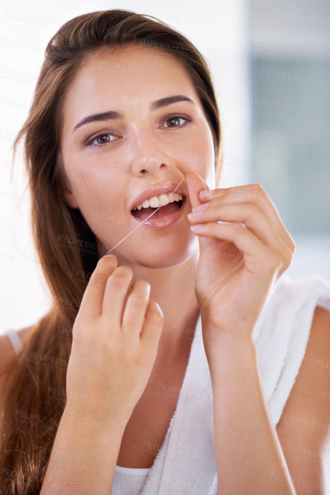 Buy stock photo Health, dental and portrait of woman with floss for grooming, wellness and clean routine for hygiene. Oral care, happy and female person with dentistry tool for teeth or mouth treatment in bathroom.