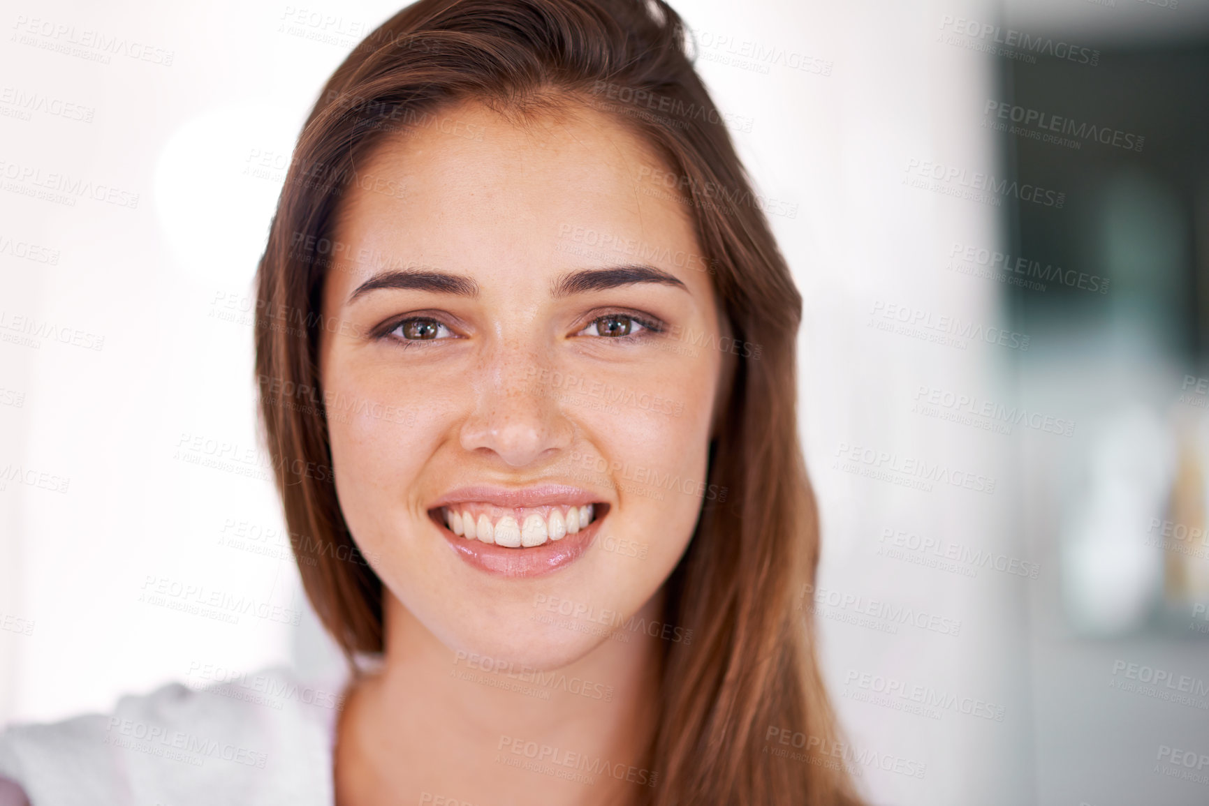 Buy stock photo Portrait, beauty and smile of woman in bathroom for skincare, wellness or natural cosmetics in house. Face, home and happy person with hygiene, cleaning or glow of healthy facial skin in apartment