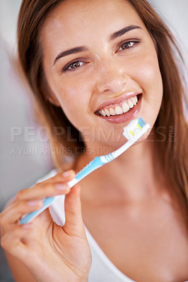 Buy stock photo Oral care, happy and portrait of woman with toothbrush for health, wellness and clean routine for hygiene. Dental, smile and young female person with toothpaste for dentistry teeth or mouth treatment