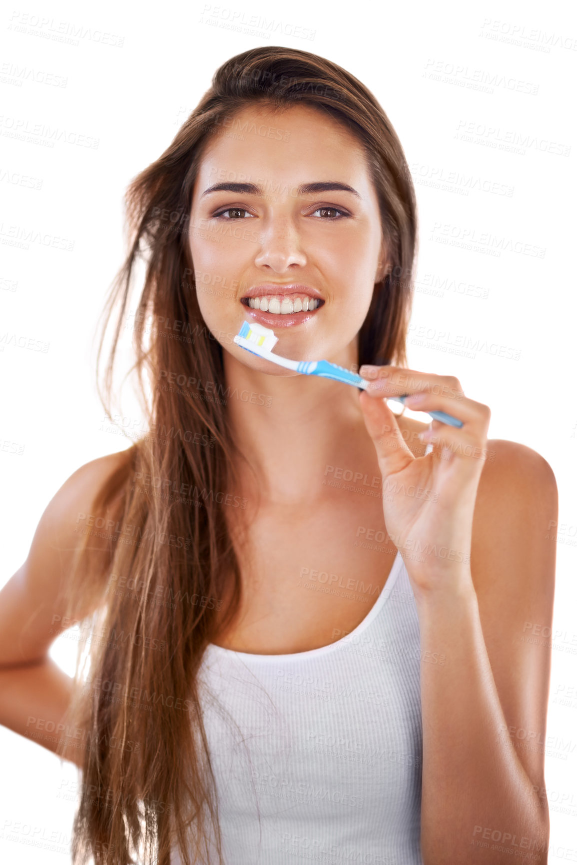 Buy stock photo Smile, dental and portrait of woman with toothbrush for health, wellness and clean routine for hygiene. Oral care, happy and young female person with toothpaste for dentistry teeth or mouth treatment