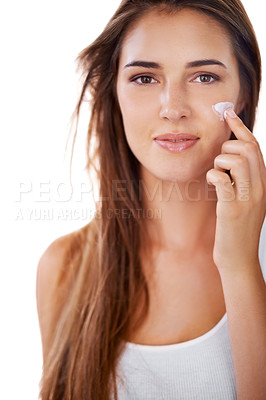 Buy stock photo Portrait of woman, face cream or skincare for glow, facial beauty or cosmetics for dermatology. White background, results or confident female person with natural lotion shine or wellness in studio