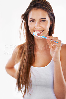 Buy stock photo Smile, health and portrait of woman with toothbrush for dental, wellness and clean routine for hygiene. Oral care, happy and young female person with toothpaste for dentistry teeth or mouth treatment