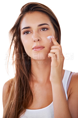 Buy stock photo Face of woman, cream or skincare for beauty, glow or cosmetics for dermatology on white background. Creme results, model or confident female person with natural lotion shine or wellness in studio