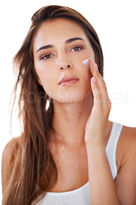 Buy stock photo Portrait of woman, moisturiser or skincare for facial beauty or cosmetics for dermatology on white background. Face cream, results or confident person with natural lotion shine or wellness in studio