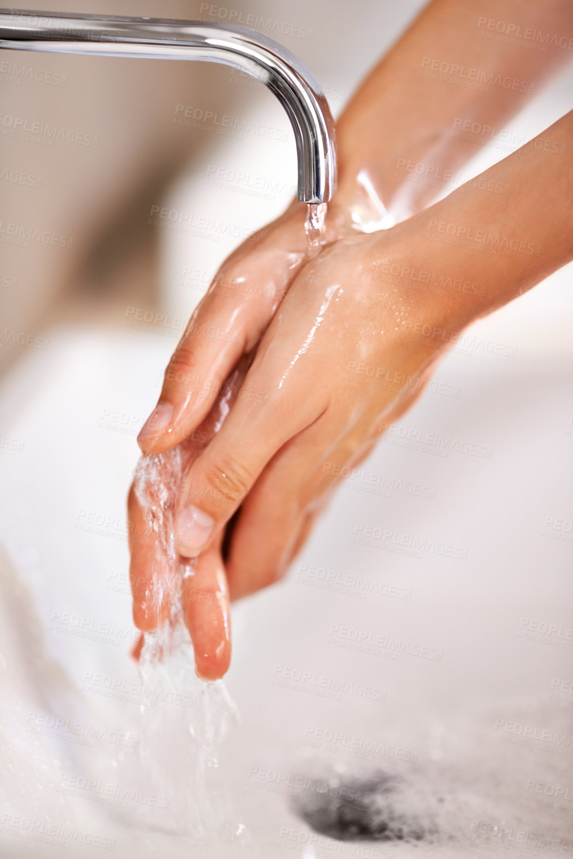 Buy stock photo Cleaning, water and soap on hands of person with skincare, routine and grooming in home closeup. Bathroom, tap and washing skin with foam for protection of hygiene from germs, bacteria and virus