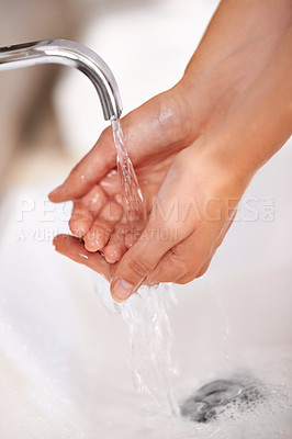 Buy stock photo Person, water and soap on hands for cleaning in skincare, routine or grooming in home closeup. Bathroom, tap or washing skin with foam for sanitary protection of hygiene from germs, bacteria or virus