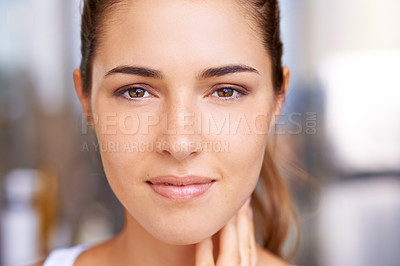 Buy stock photo Woman, skincare and portrait confidence with beauty outdoor for dermatology or treatment, transformation. Female person, natural and hygiene routine or bathroom health for relax, home or wellness