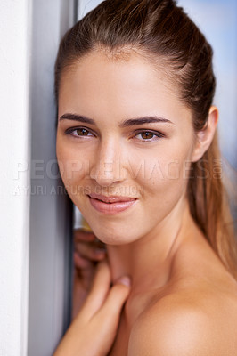 Buy stock photo Portrait, beauty and skincare of woman in bathroom for dermatology, wellness or natural cosmetics in house. Face, home and young person with glow, clean or hygiene of healthy facial skin in apartment