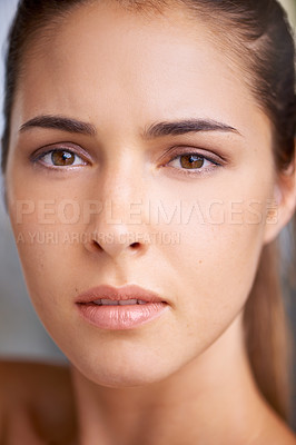 Buy stock photo Portrait of woman, closeup or skincare for glow, facial beauty or cosmetics for healthy dermatology. Face, results or confident female person with natural clean shine or wellness in bathroom or home