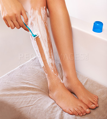 Buy stock photo Closeup, home and woman shaving legs, skincare and hair removal with luxury and aesthetic. Person, feet or girl with razor and cream with wellness or healthy skin with cosmetics, glow or dermatology