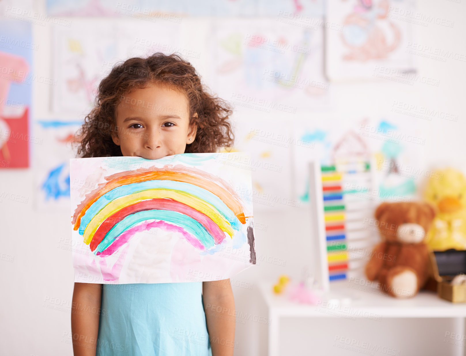 Buy stock photo School, education and portrait of girl with rainbow painting in a classroom for creative, learning or child design. Paper, color splash or face of excited kid with kindergarten art, sketch or drawing