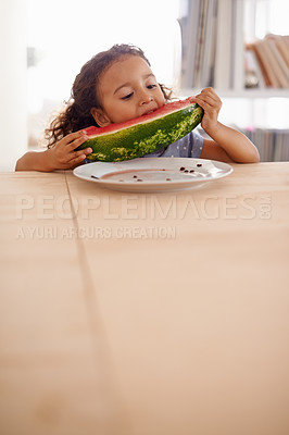 Buy stock photo Children, eating and girl with watermelon in a house for healthy, diet or nutrition, sweet or organic bite. Fruit, wellness and kid with vegan treat for gut health, digestion or immunity development
