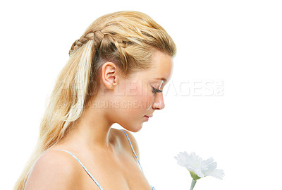 Buy stock photo Studio shot of a young woman holding a flower isolated on white