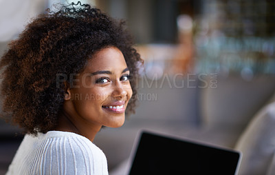 Buy stock photo Portrait, smile and happy woman on laptop, online and living room of home. Technology, computer and internet shopping or ecommerce for retail, African female person and afro in lounge and relax 