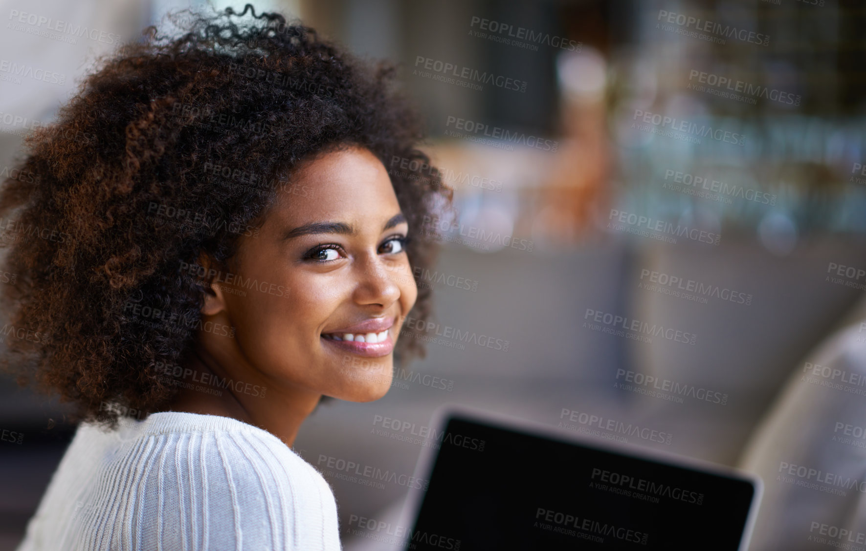 Buy stock photo Portrait, smile and happy woman on laptop, online and living room of home. Technology, computer and internet shopping or ecommerce for retail, African female person and afro in lounge and relax 