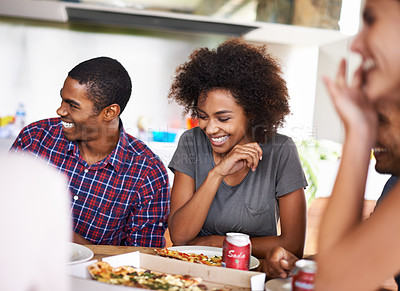 Buy stock photo Friends, laughing and eating of pizza in home with happiness, soda and social gathering for bonding in dining room. Men, women and fast food with joke, funny and diversity at table in lounge of house