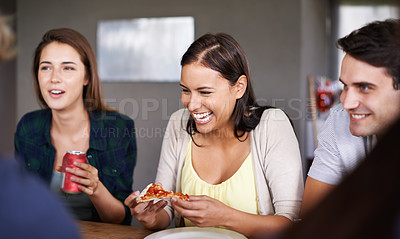 Buy stock photo Pizza, funny and social gathering with group of friends eating together in restaurant for bonding. Smile, happy or laughing with young men and women enjoying fast food for hunger or conversation