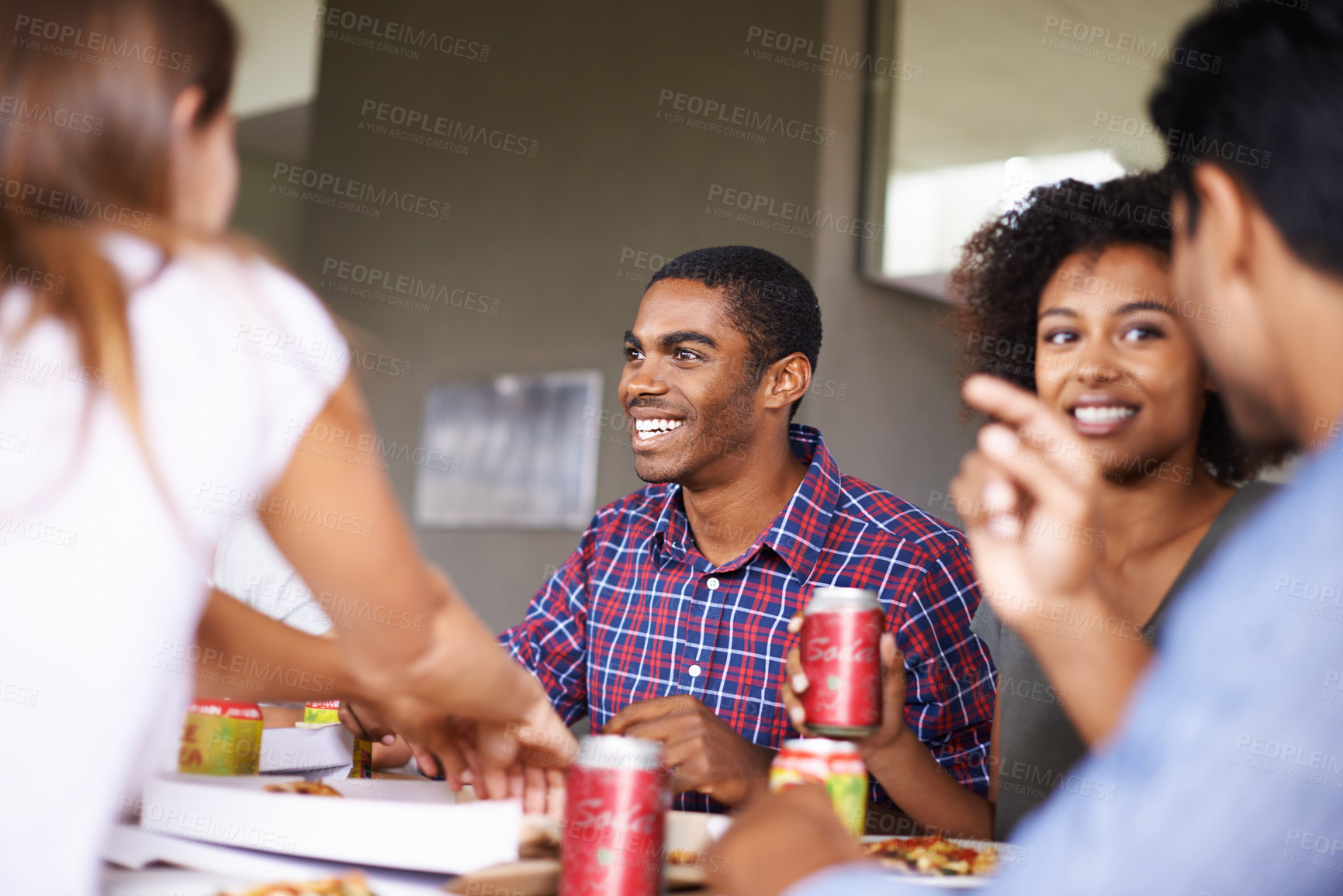 Buy stock photo Friends, man and eating of pizza in home with happiness, soda and social gathering for bonding in dining room. Men, women and fast food with smile, talking and diversity at table in lounge of house