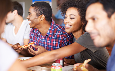 Buy stock photo Friends, group and eating of pizza in house with happiness, soda and social gathering for bonding in dining room. Men, women and fast food with smile, drinks and diversity at table in lounge of home