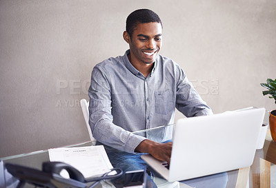Buy stock photo Laptop, typing and happy black man in home office for business, remote work and reading email online. Pc, computer and professional freelancer at desk for blog, article or copywriting for creativity