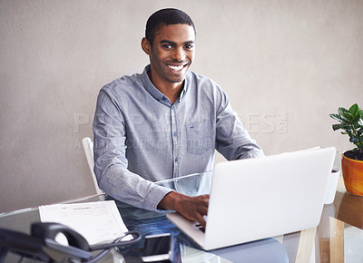 Buy stock photo Portrait, smile and black man laptop for business at home office, remote work and typing email. Face, computer and professional freelancer at desk for blog, article or copywriting for creativity 