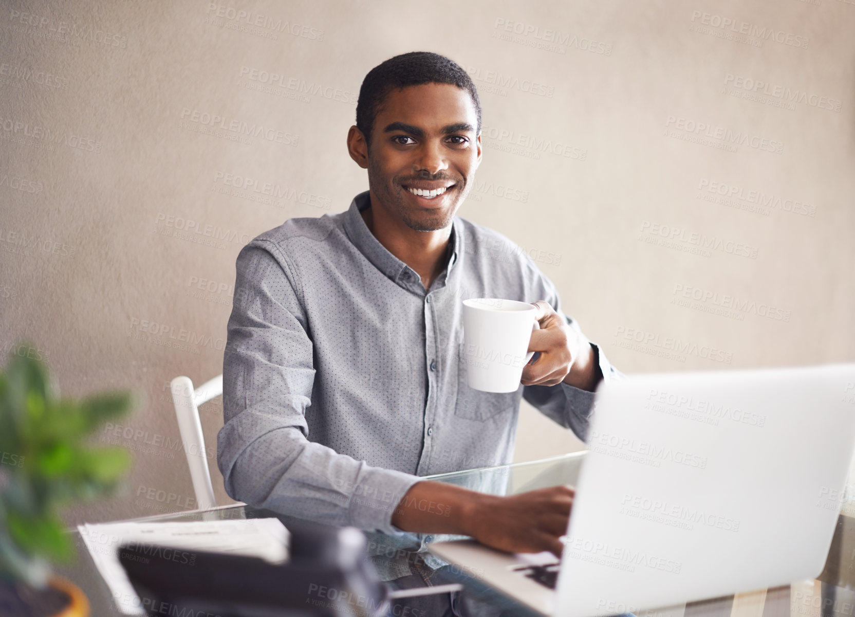 Buy stock photo Portrait, drinking coffee and black man laptop for business at home office, remote work or typing email. Face, computer or smile of freelancer with tea at desk, employee or copywriting for creativity
