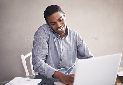 Buy stock photo Happy, businessman and laptop with phone call for consulting, customer service or online advice at home. Black man, African employee or consultant with smile, talking on mobile smartphone at house