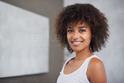Buy stock photo African woman, portrait and happy in bathroom for beauty, wellness and afro in home to start morning routine. Girl, person and happy with cosmetics, change and transformation with hair in apartment