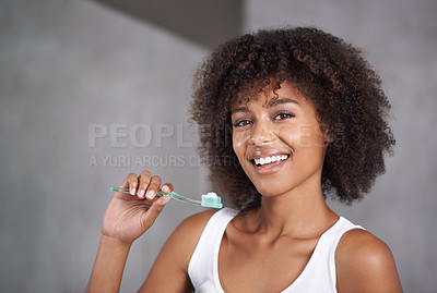 Buy stock photo Black woman, smile in portrait and toothbrush for teeth whitening in bathroom, dental health and self care for fresh breathe. Orthodontics, oral hygiene and morning routine with toothpaste at home