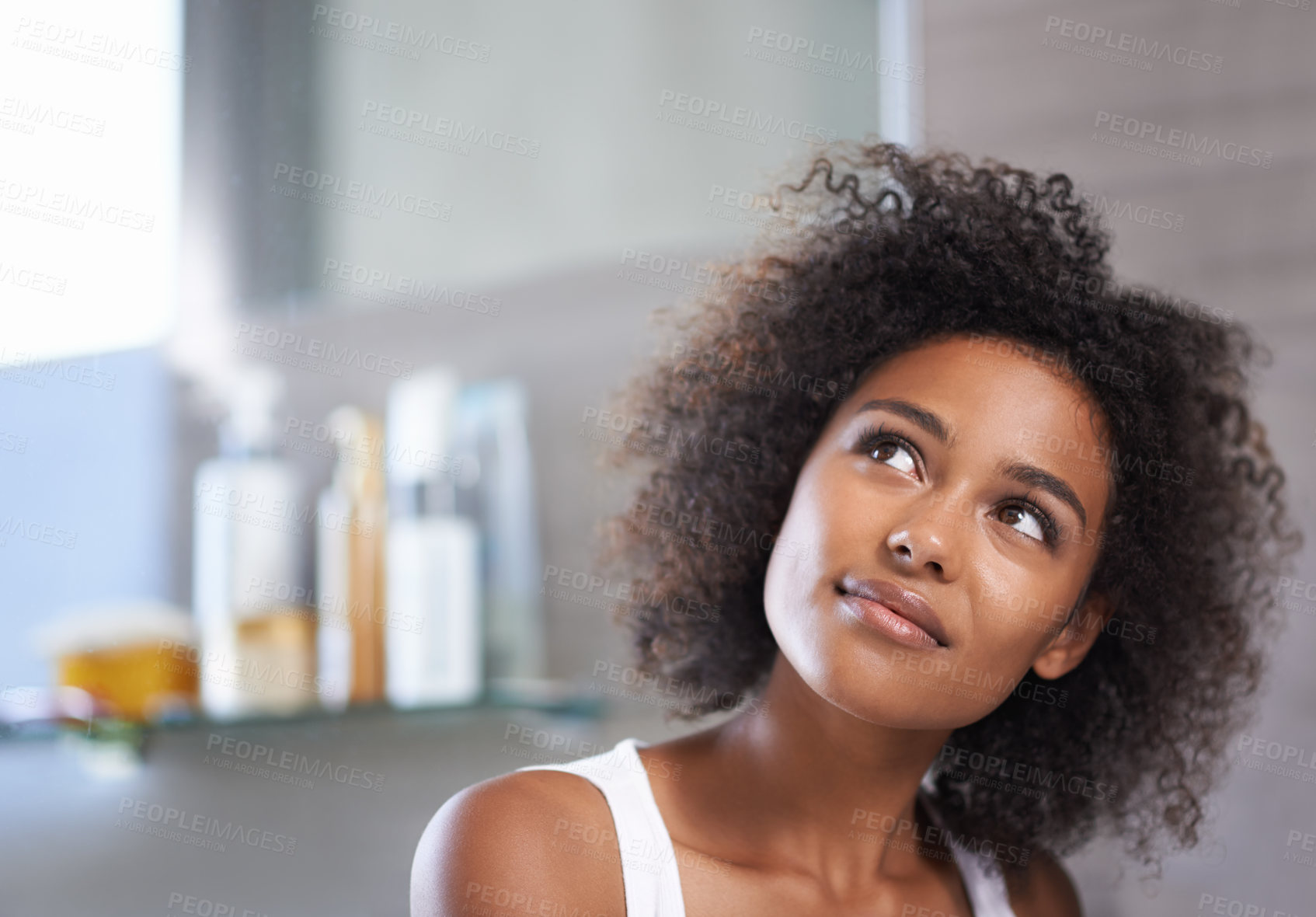 Buy stock photo African woman, bathroom and smile in morning with thinking, reflection and ideas in apartment. Girl, person and happy for memory with beauty, health and vision for insight, wellness and afro in house