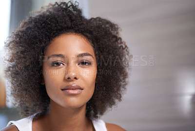 Buy stock photo Natural, beauty and portrait of black woman in morning, bathroom and glow on skin from dermatology. African, skincare and face of girl with makeup from cosmetics or hair care for curly hairstyle