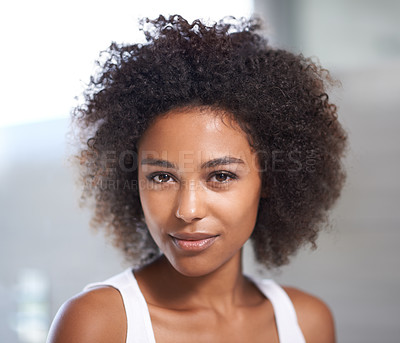 Buy stock photo Face, black woman and skincare with treatment for confidence on routine for natural look and satisfied. Portrait, female person and glow with self care for wellness, soft and smooth with cosmetics