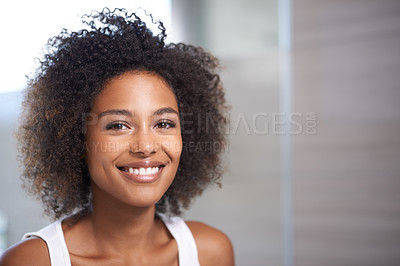 Buy stock photo Smile, skincare and portrait of black woman in home with beauty, cosmetic glow and self care. Happy, face and female person with makeup for shine, dermatology and morning routine for wellness