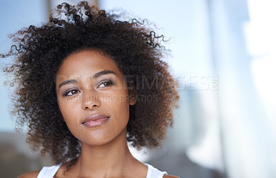 Buy stock photo Natural, beauty and black woman with skincare and thinking in morning with glow on skin from dermatology. African, hair care and girl with ideas for makeup, planning cosmetics or choice of hairstyle