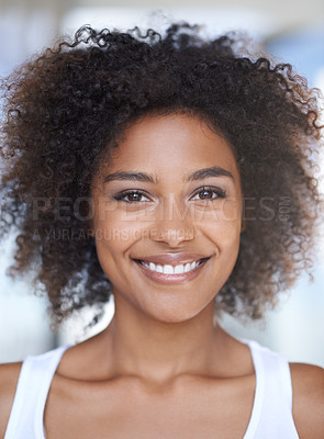 Buy stock photo Happy, portrait and black woman with beauty from  dermatology or natural glow on skin in morning. African, girl and smile on face for skincare, cosmetics or hair care for curly afro hairstyle closeup