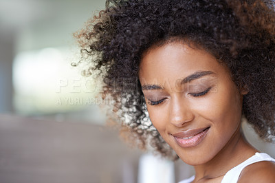Buy stock photo Smile, skincare and woman in a bathroom for makeup, cosmetic and treatment against a blurred background. Happy, face and African female person relax in her home with beauty, hair or self care routine
