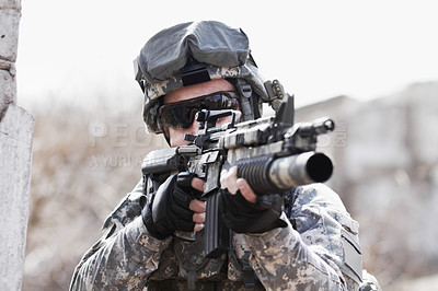 Buy stock photo War, training and man with gun in the army for a target, service or a mission. Military, hero and a soldier with a rifle on the battlefield for shooting, danger or violence with a firearm for defense