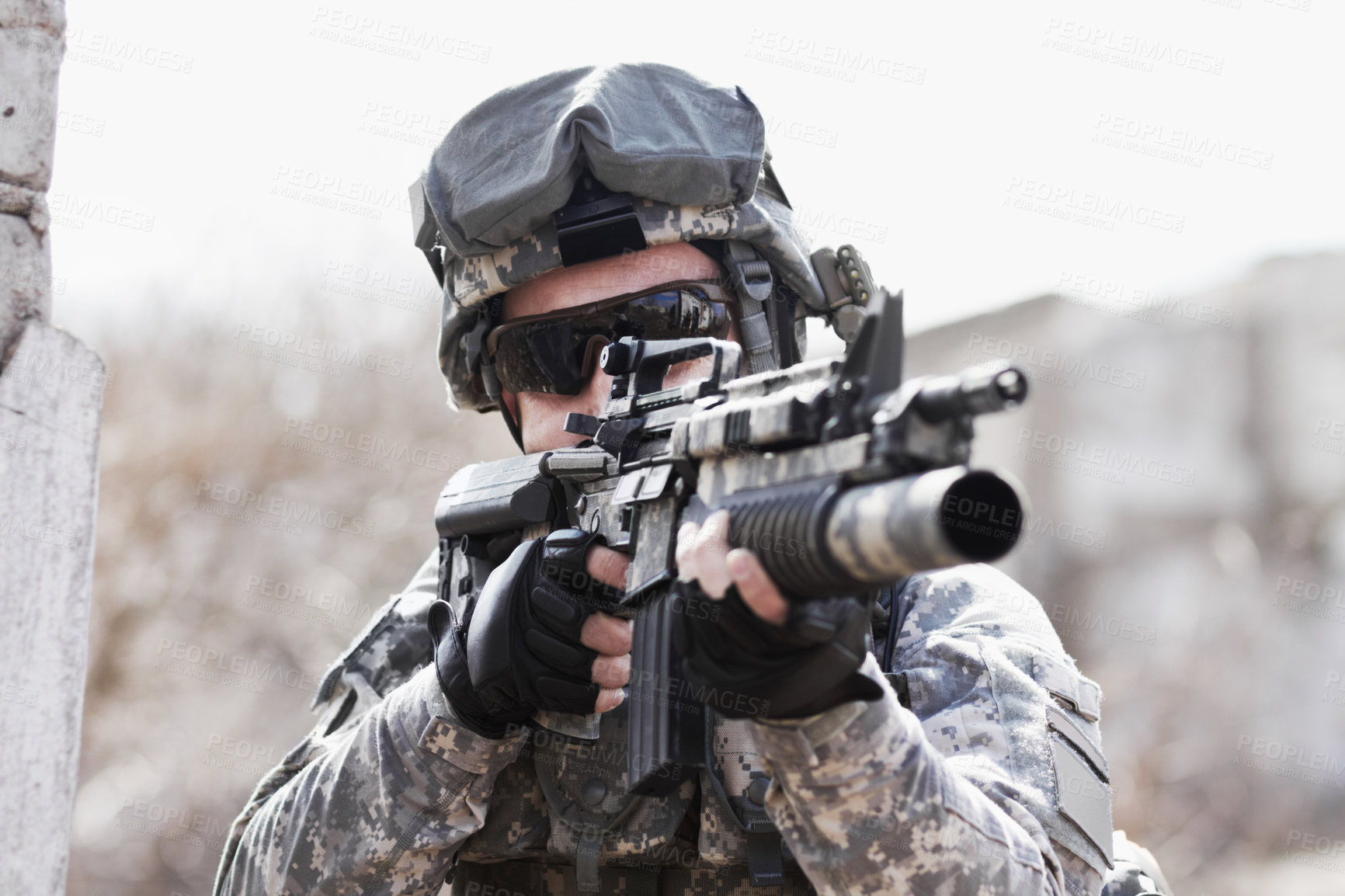 Buy stock photo War, training and man with gun in the army for a target, service or a mission. Military, hero and a soldier with a rifle on the battlefield for shooting, danger or violence with a firearm for defense