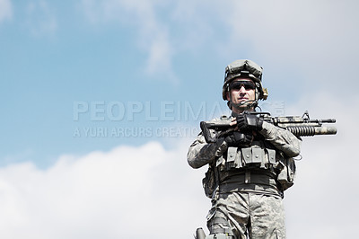 Buy stock photo Soldier man, machine gun and outdoor portrait by sky background for mockup space in war, fight or army. Military service, battlefield and agent with weapon, gear or sunglasses for conflict in Ukraine