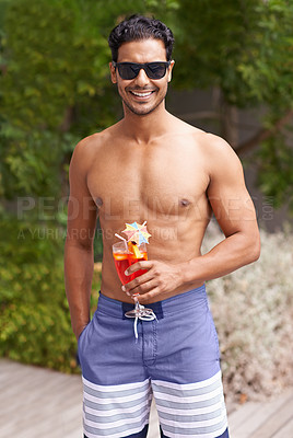 Buy stock photo Summer, vacation and portrait of man with cocktail to relax, drink at hotel and travel to luxury villa in Mexico. Outdoor, holiday and glass of alcohol in hand on deck at poolside with hospitality