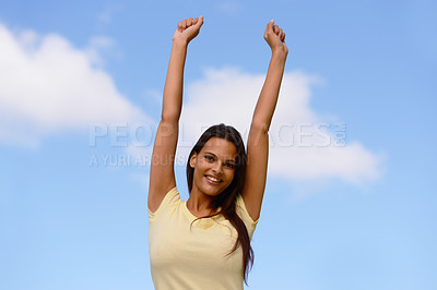 Buy stock photo Freedom, energy and woman in nature against a blue sky to relax with peace, happiness and smile. Excited, free and Indian girl in her youth happy with enthusiasm and enjoying outdoor living in summer