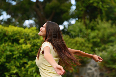 Buy stock photo Park, fresh air and freedom woman running outdoor excited for summer, spring or holiday adventure with green trees, plants and nature. Happy girl in garden or forest dance for mental health wellness